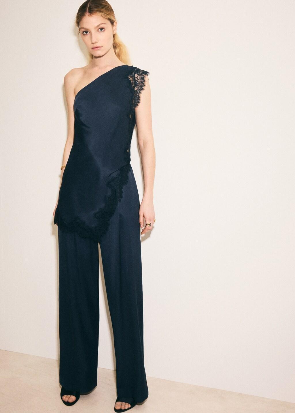 Blue Satin Straight-Fit Trousers, Medium Blue, large image number 0