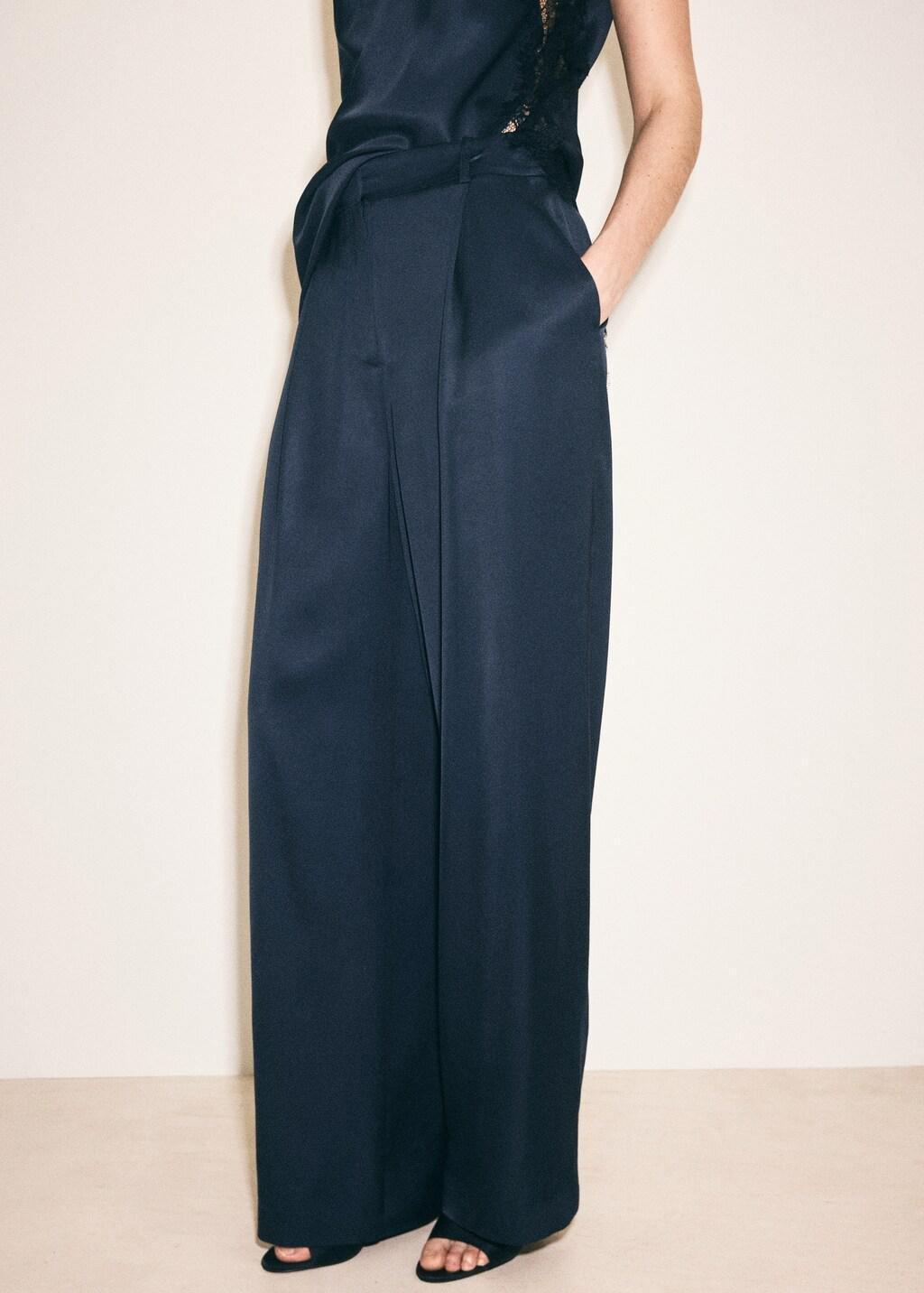 Blue Satin Straight-Fit Trousers, Medium Blue, large image number 3