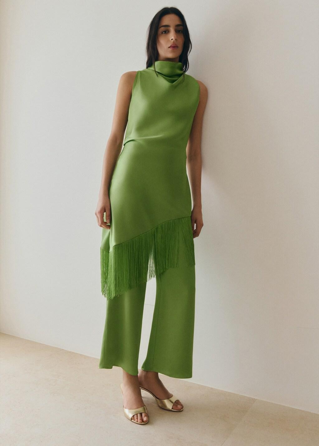 Green Satin Straight-Fit Trousers, Green, large image number 0