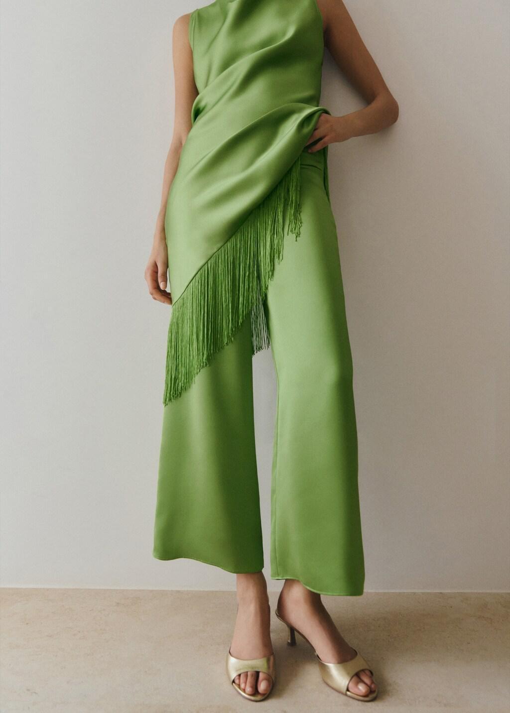 Green Satin Straight-Fit Trousers, Green, large image number 3