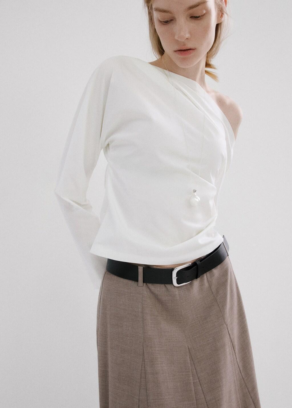 White Cotton Blouse With Asymmetrical Collar, Natural White, large image number 3