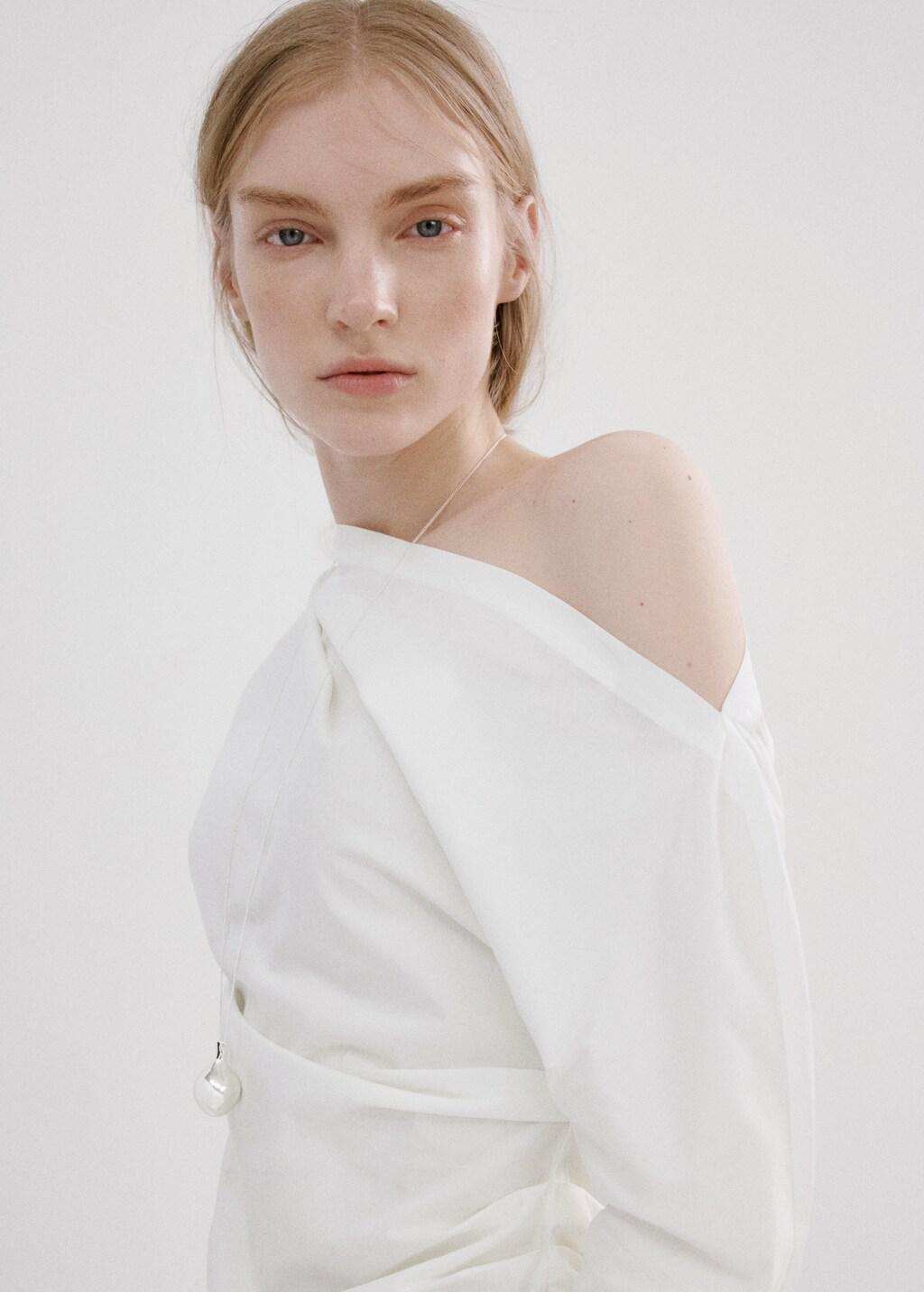 White Cotton Blouse With Asymmetrical Collar, Natural White, large image number 4