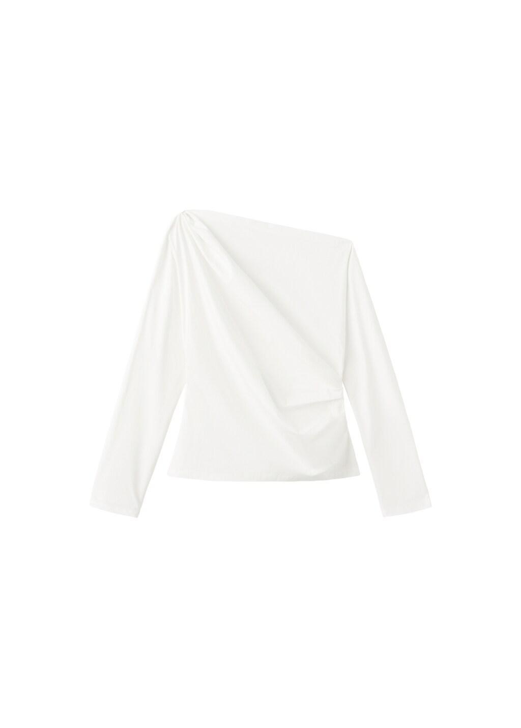 White Cotton Blouse With Asymmetrical Collar, Natural White, large image number 6
