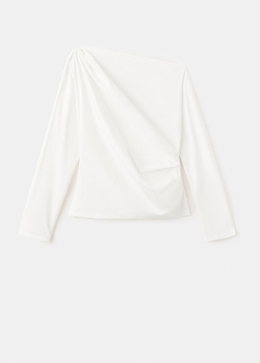 White Cotton Blouse With Asymmetrical Collar, Natural White, large image number 7