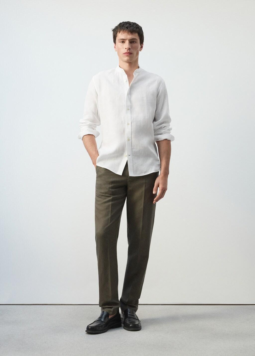 White Linen Mao Collar Shirt, White, large image number 0
