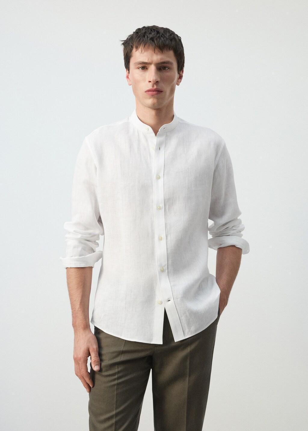 White Linen Mao Collar Shirt, White, large image number 3