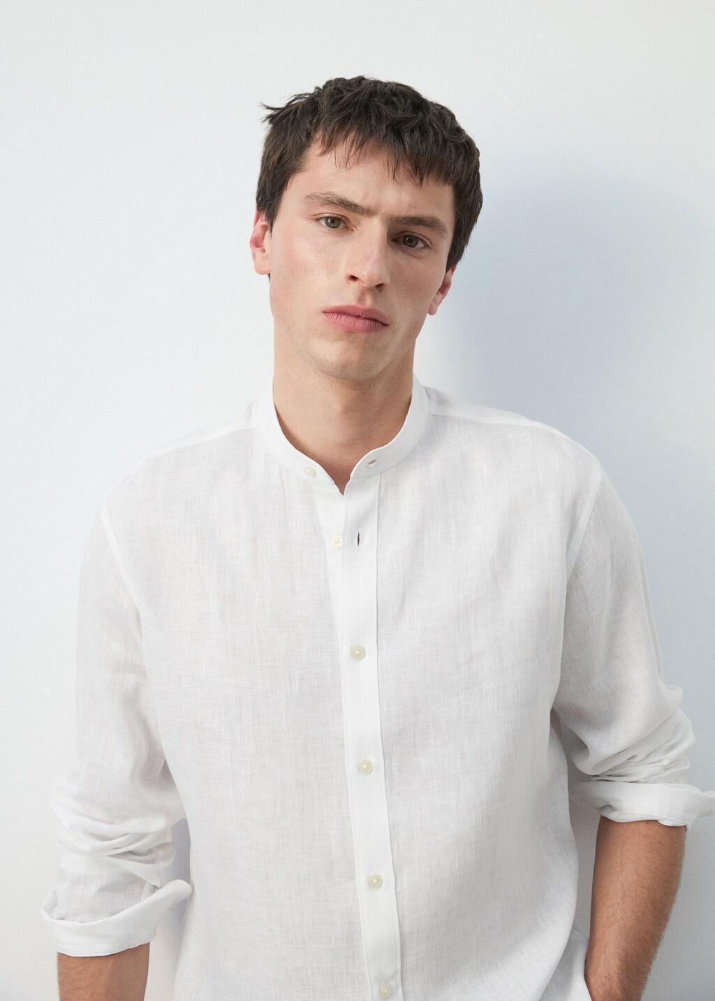 White Linen Mao Collar Shirt, White, large image number 4