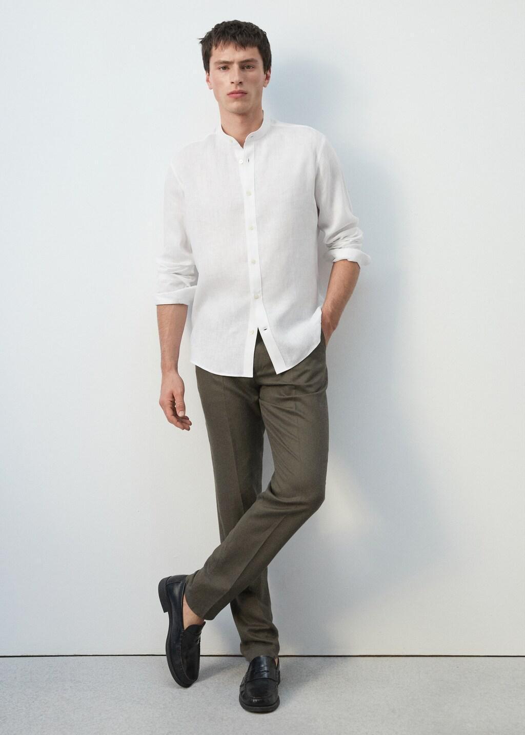 White Linen Mao Collar Shirt, White, large image number 6