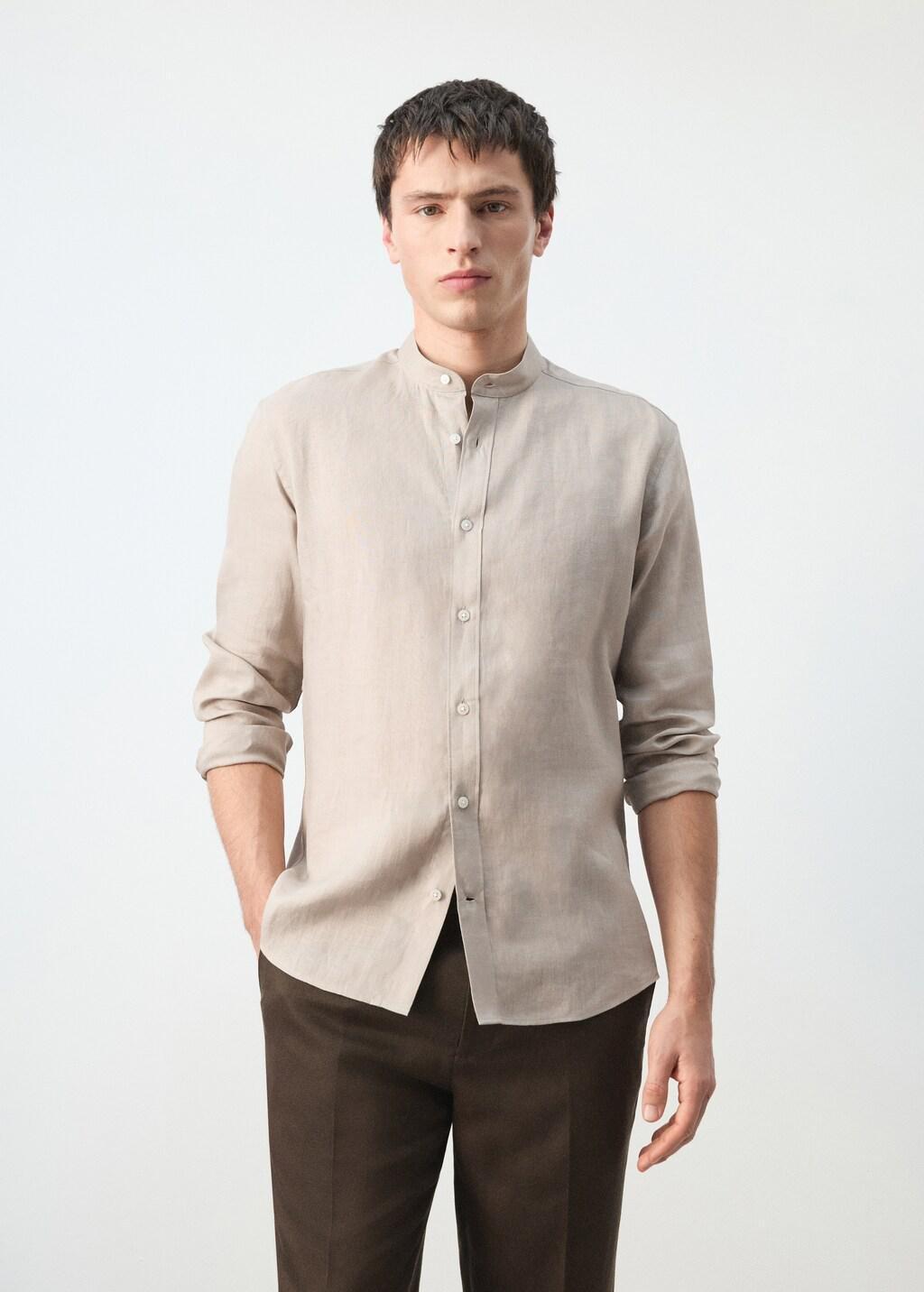 Brown Linen Mao Collar Shirt, Light Pastel Brown, large image number 3