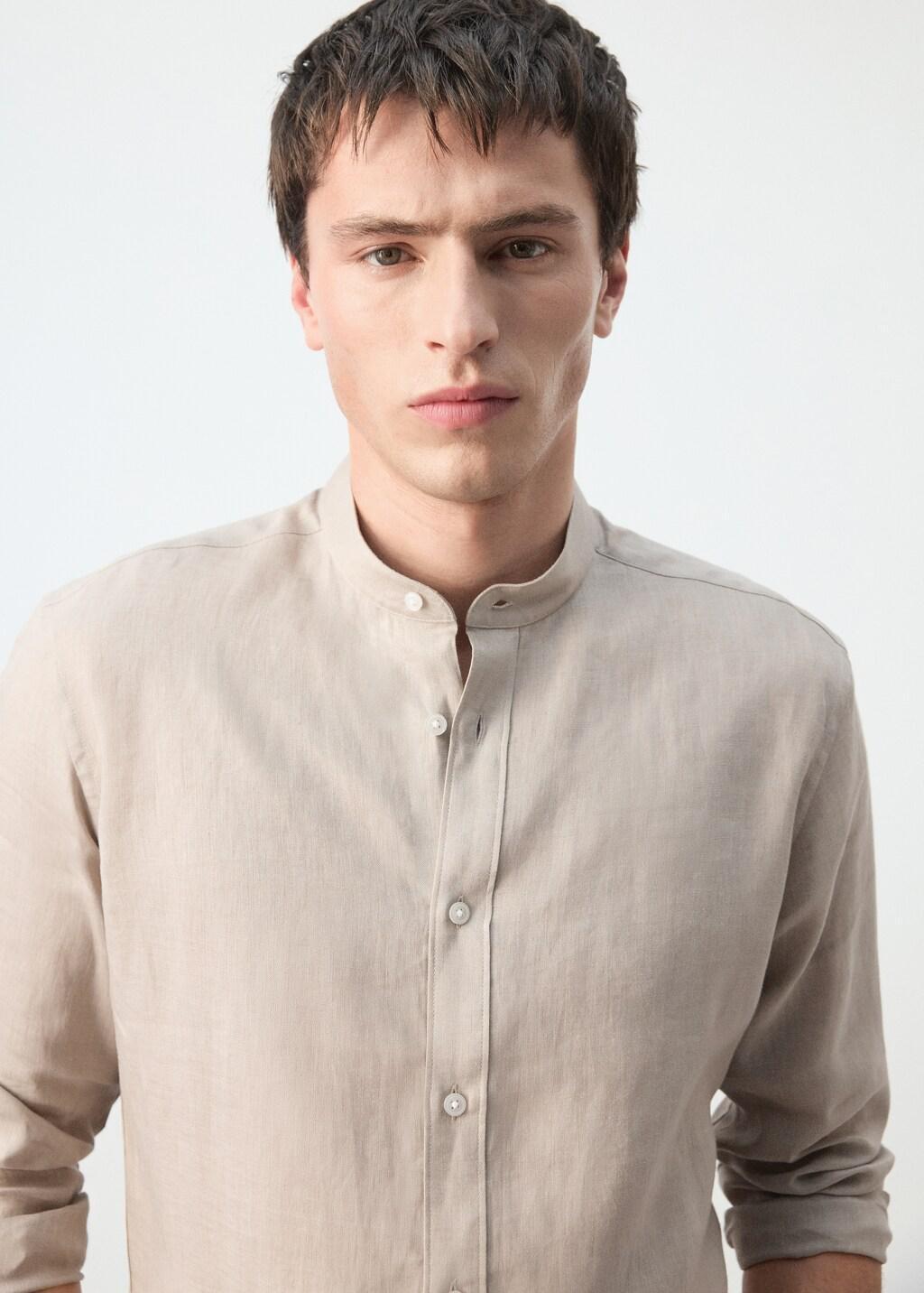 Brown Linen Mao Collar Shirt, Light Pastel Brown, large image number 4