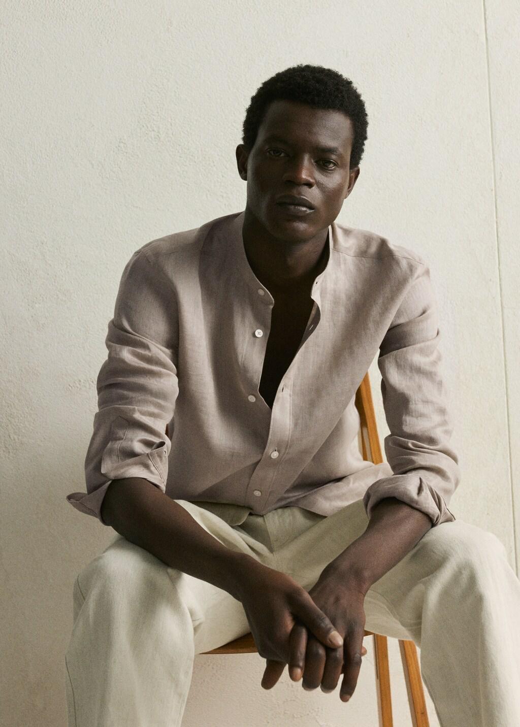 Brown Linen Mao Collar Shirt, Light Pastel Brown, large image number 6