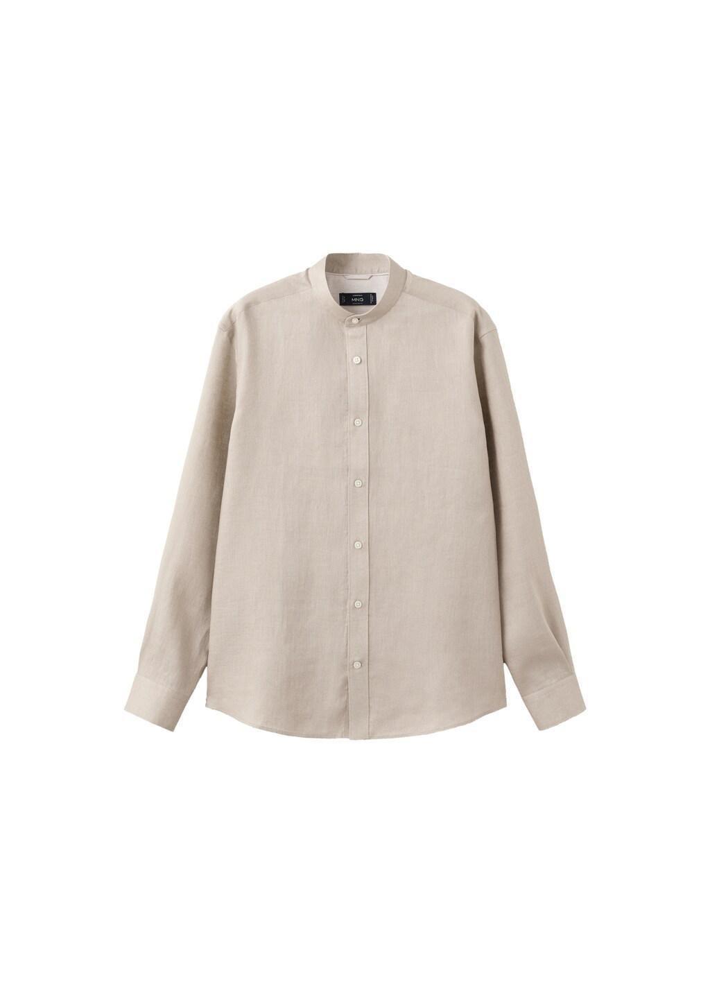 Brown Linen Mao Collar Shirt, Light Pastel Brown, large image number 7