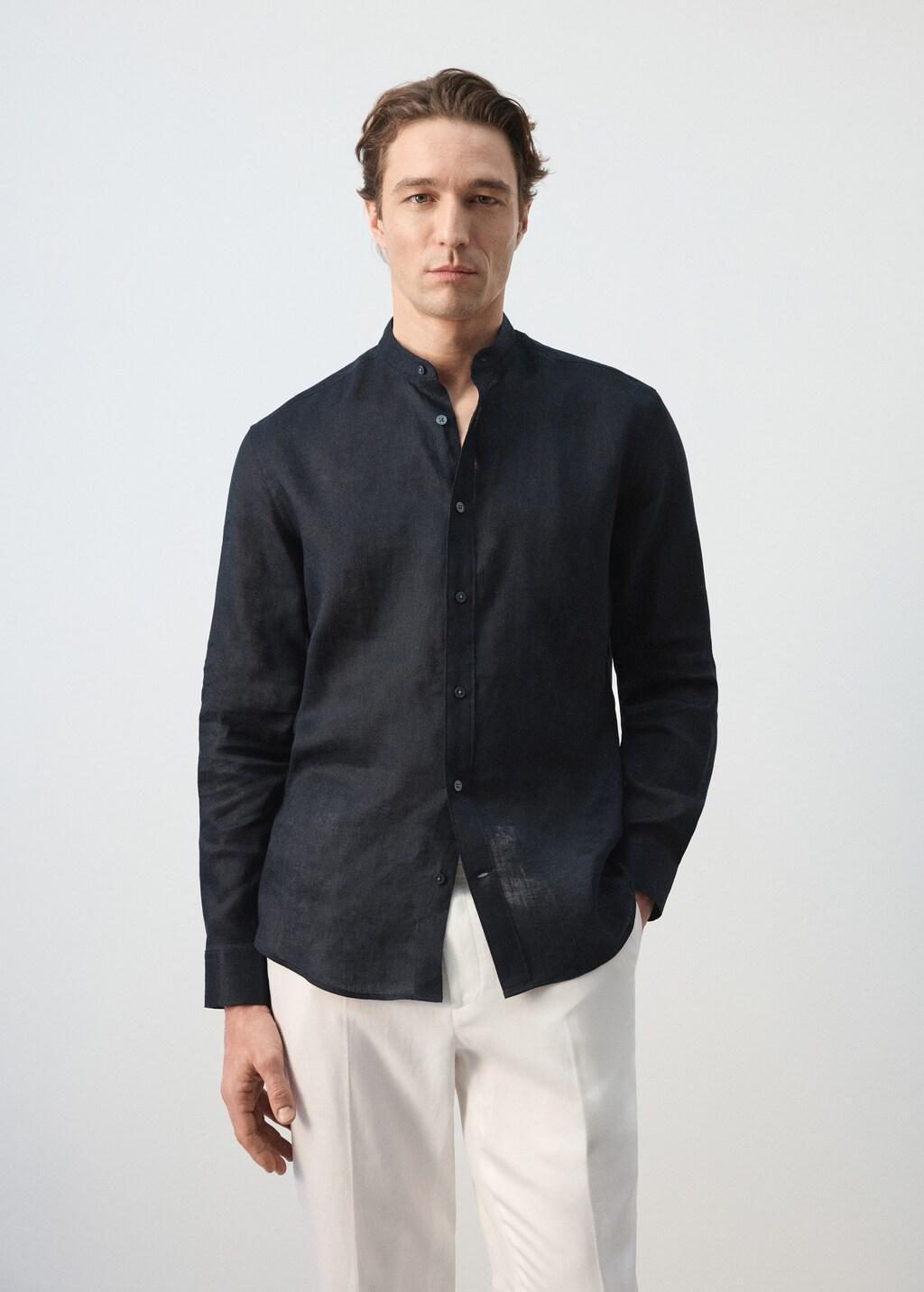 Navy Linen Mao Collar Shirt, Navy, large image number 3