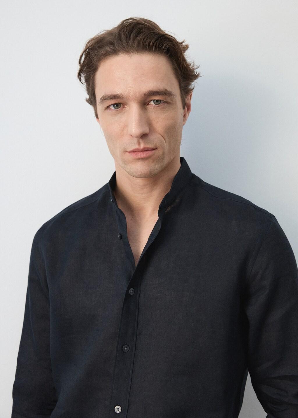 Navy Linen Mao Collar Shirt, Navy, large image number 4