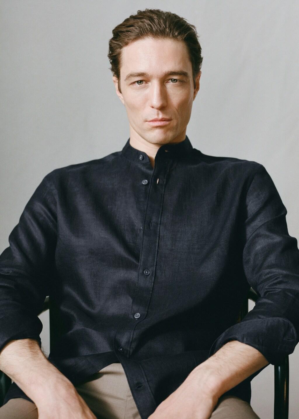 Navy Linen Mao Collar Shirt, Navy, large image number 6