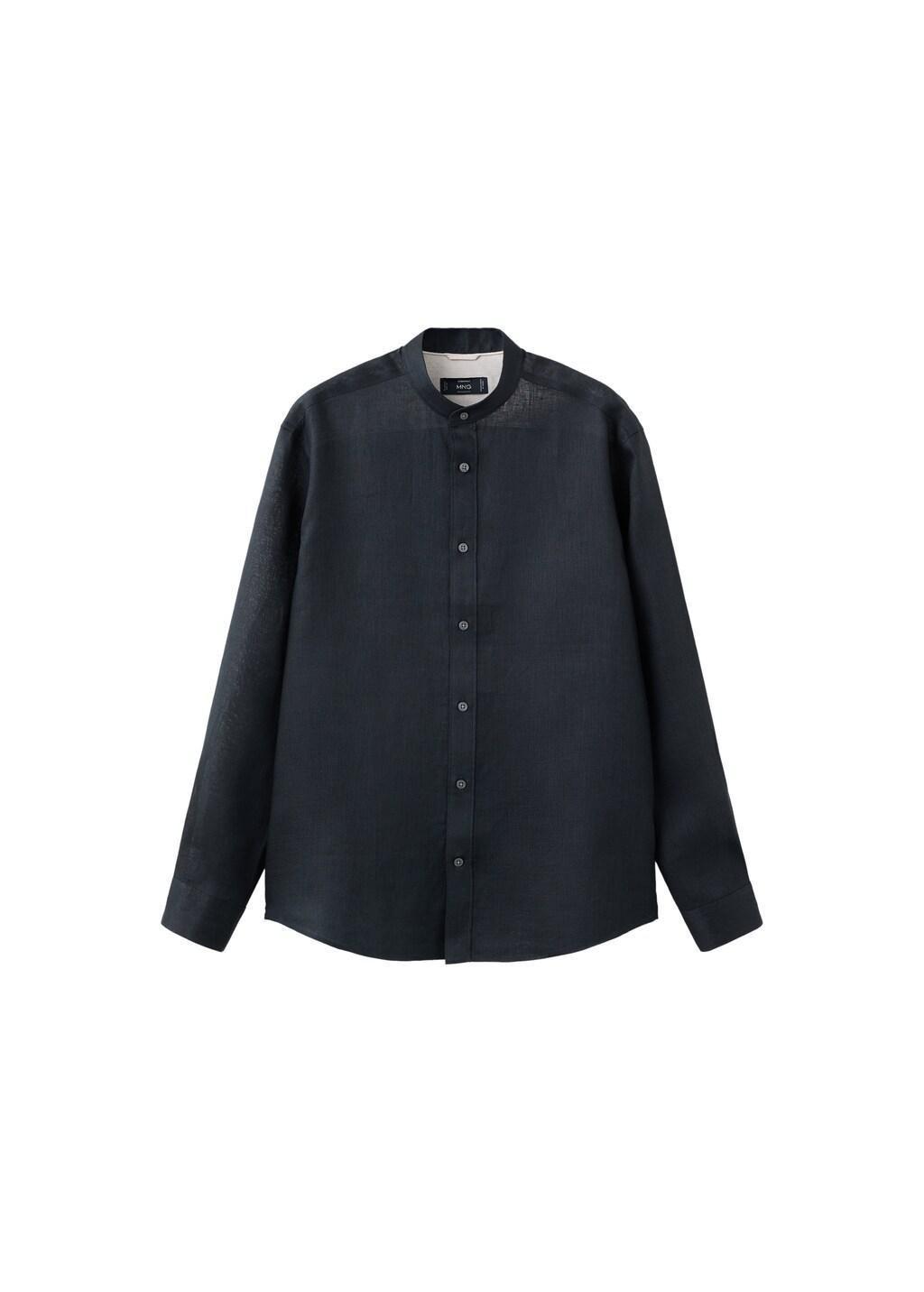 Navy Linen Mao Collar Shirt, Navy, large image number 7