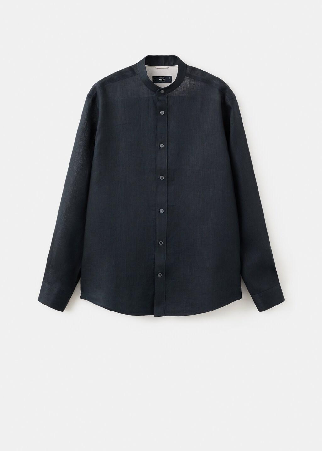Navy Linen Mao Collar Shirt, Navy, large image number 8