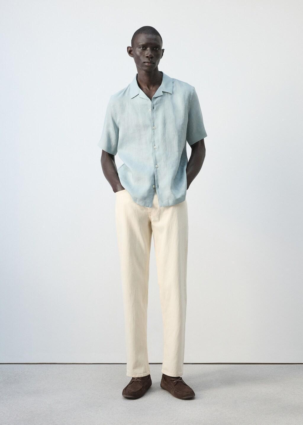 Blue Lt Pastel 100% Linen Bowling-Collar Shirt, Light-Pastel Blue, large image number 0
