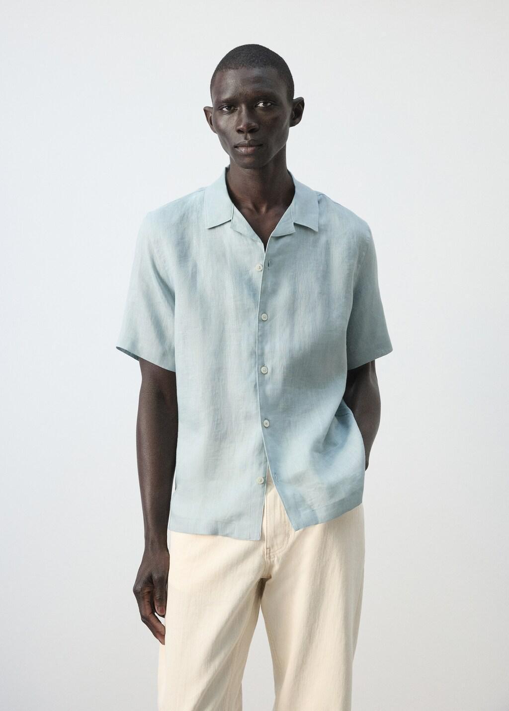 Blue Lt Pastel 100% Linen Bowling-Collar Shirt, Light-Pastel Blue, large image number 3