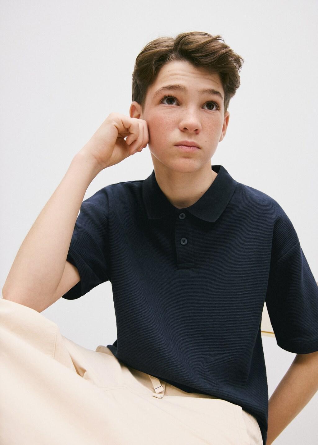 Navy Ribbed Cotton Polo Shirt, Kids Boy, Navy, large image number 0