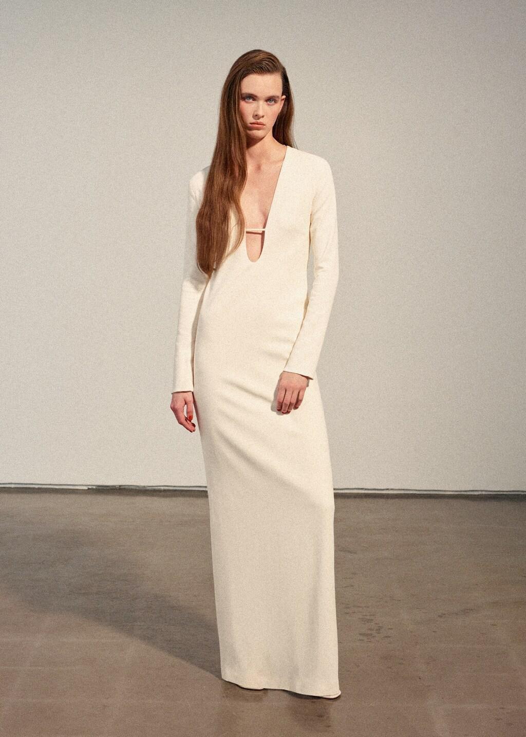 Beige V-Neckline Long Dress, Light Beige, large image number 0