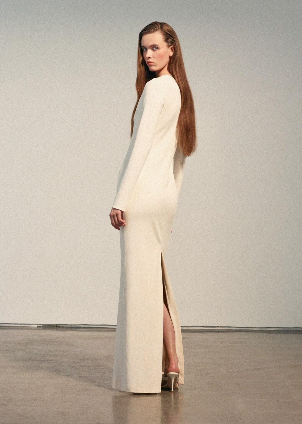 Beige V-Neckline Long Dress, Light Beige, large image number 2