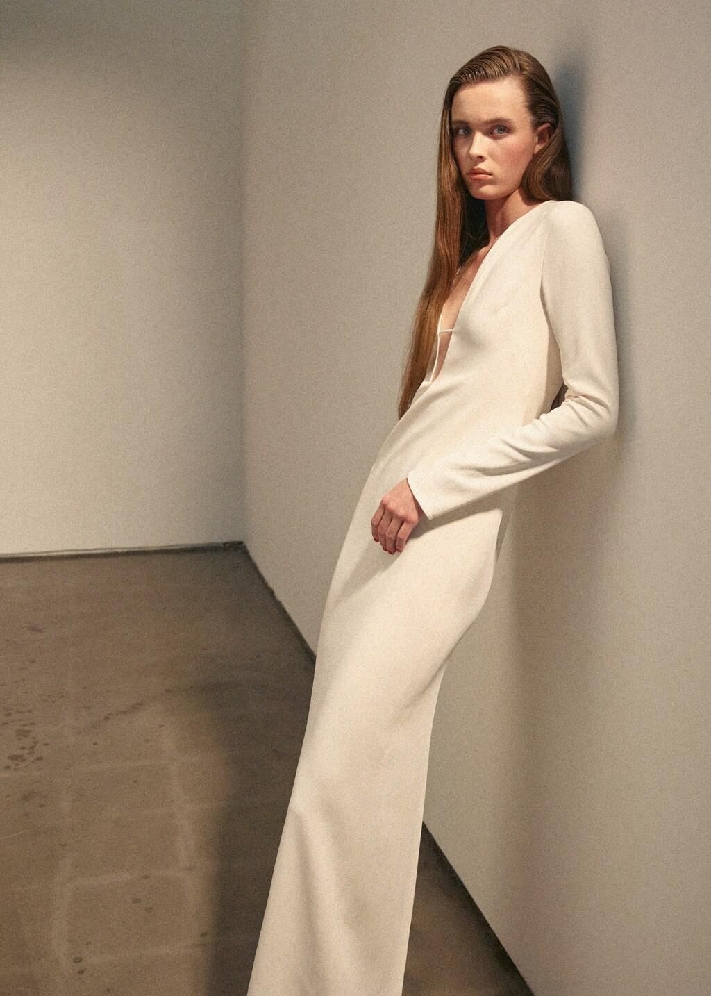 Beige V-Neckline Long Dress, Light Beige, large image number 3