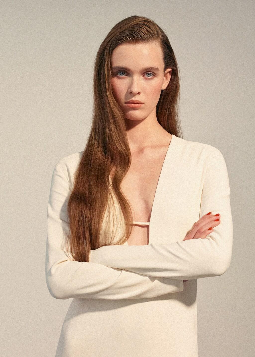 Beige V-Neckline Long Dress, Light Beige, large image number 4