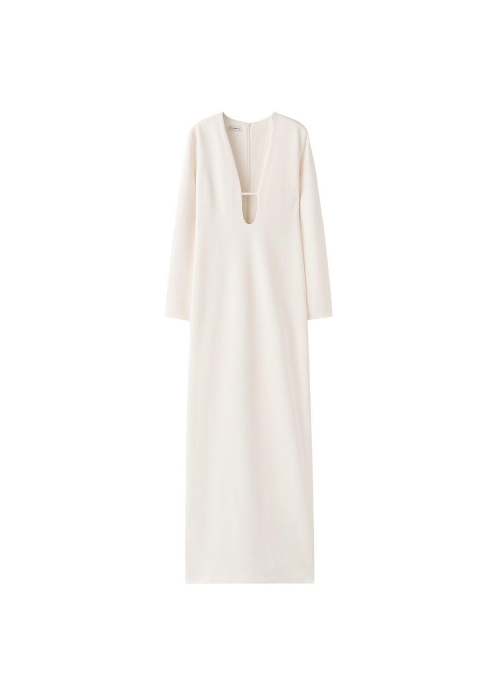 Beige V-Neckline Long Dress, Light Beige, large image number 6