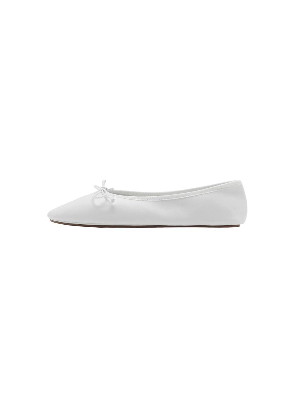 White Leather Ballet Flats With Bow, White, large image number 2