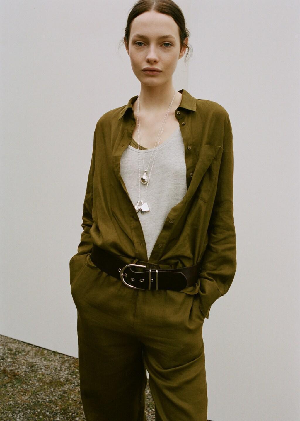 Green Straight Linen-Blend Trousers, 0201_36, large image number 4