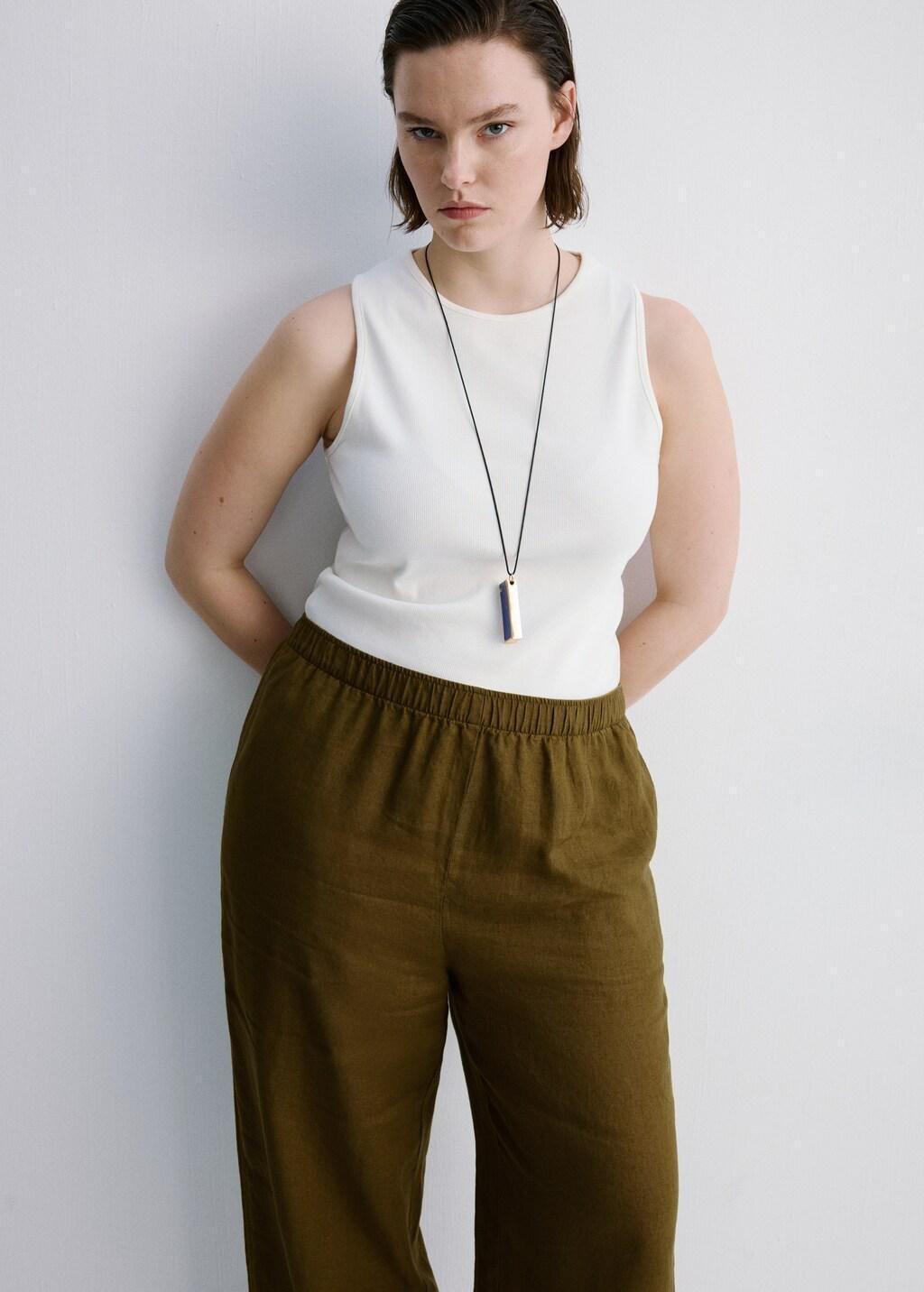Green Straight Linen-Blend Trousers, 0201_36, large image number 6