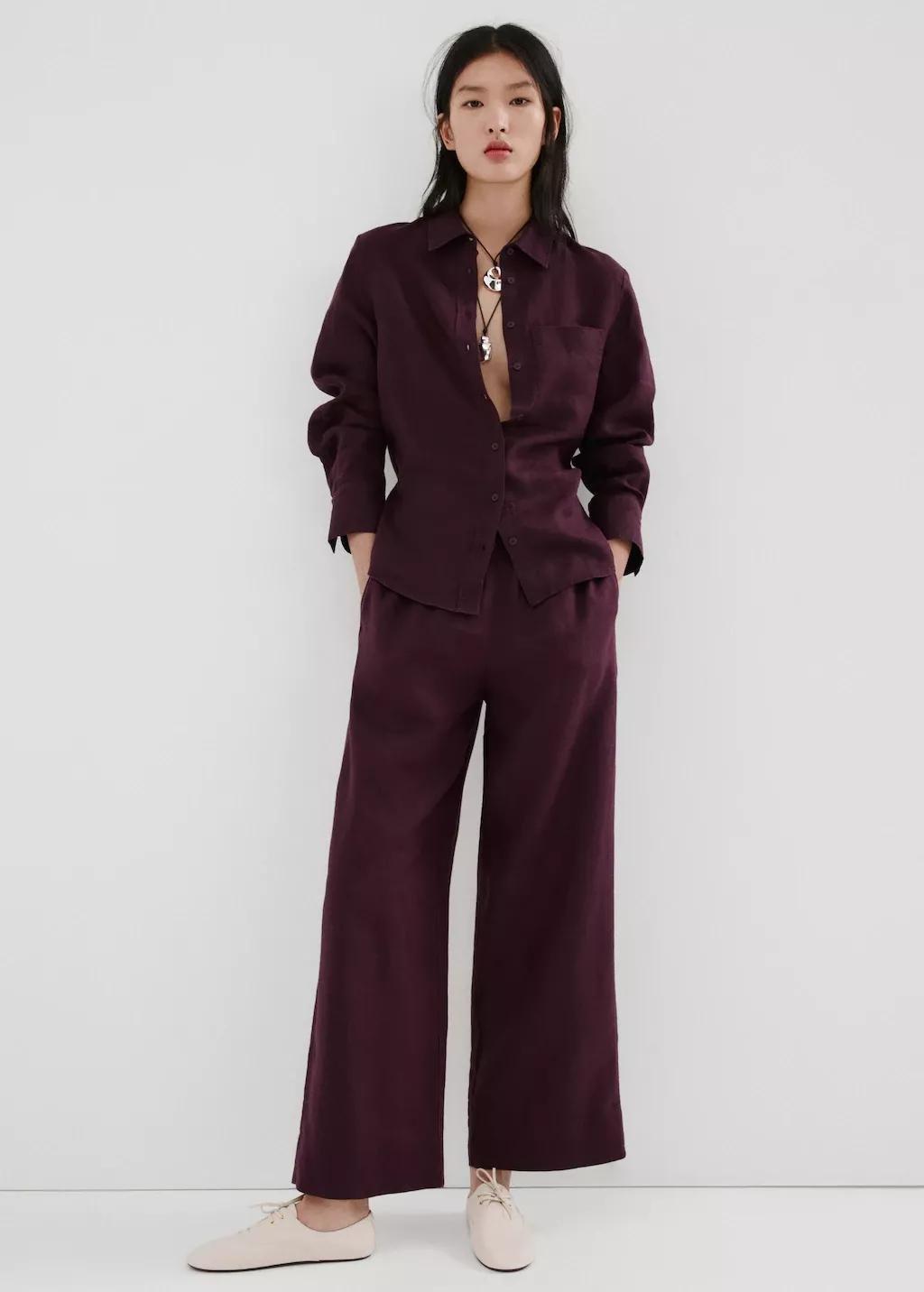 Purple Straight Linen-Blend Trousers, 0201_66, large image number 0