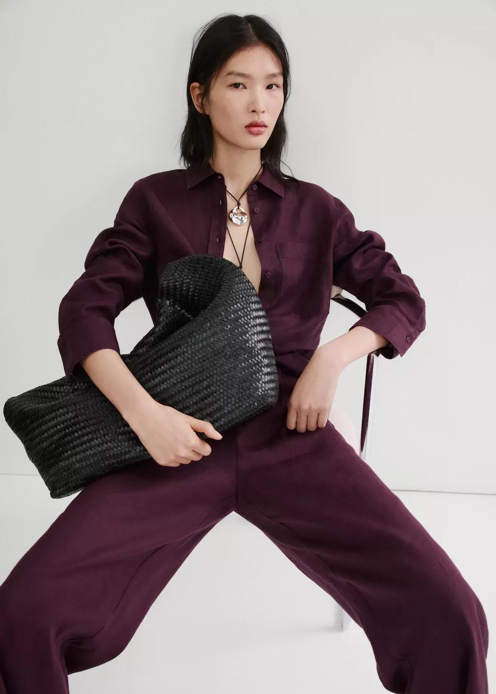 Purple Straight Linen-Blend Trousers, 0201_66, large image number 4