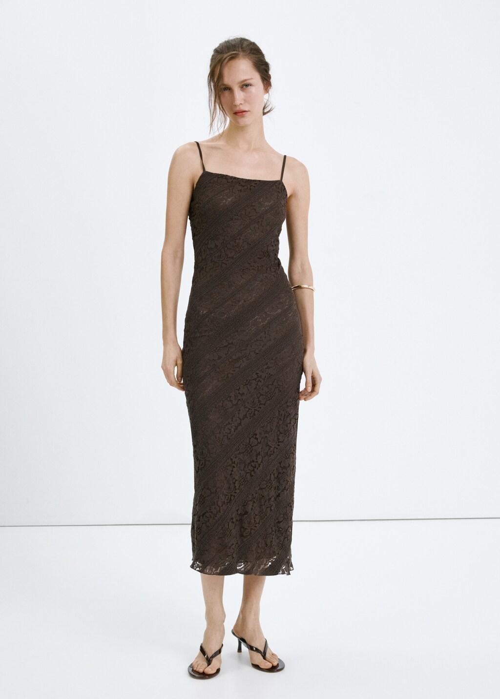 Brown Semi-Transparent Lace Long Dress, 0201_30, large image number 0