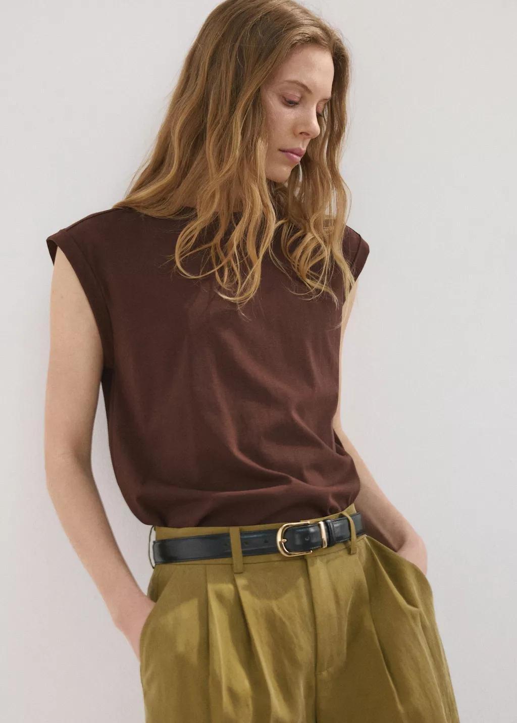 Brown Short-Sleeved T-Shirt With Shoulder Pads, Brown, large image number 3