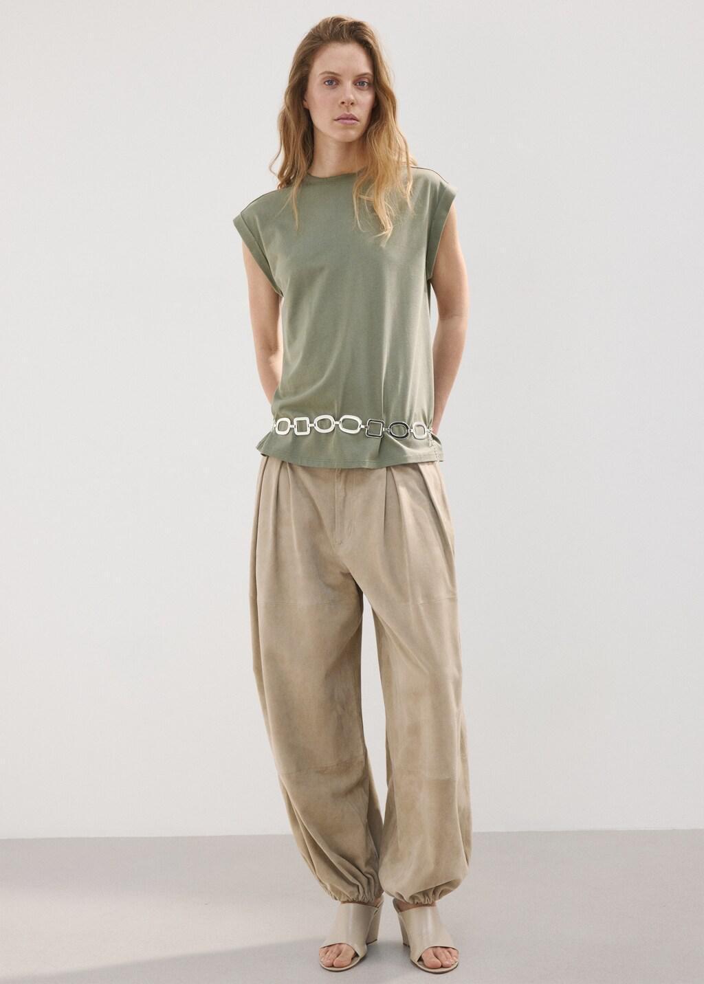 Khaki Short-Sleeved T-Shirt With Shoulder Pads, Beige - Khaki, large image number 0