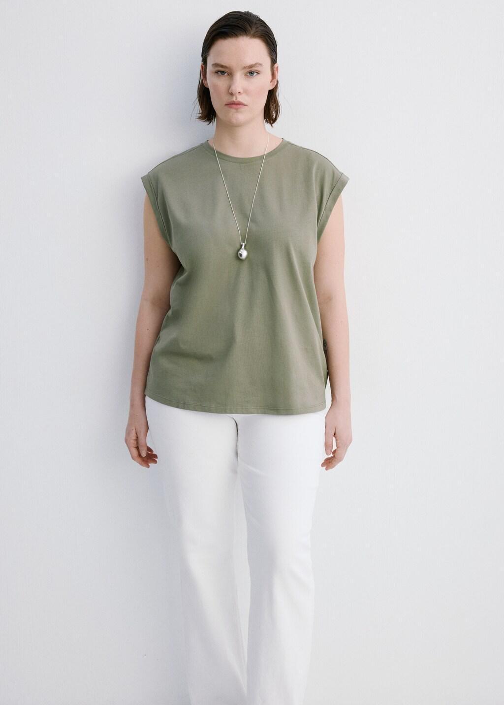 Khaki Short-Sleeved T-Shirt With Shoulder Pads, Beige - Khaki, large image number 6