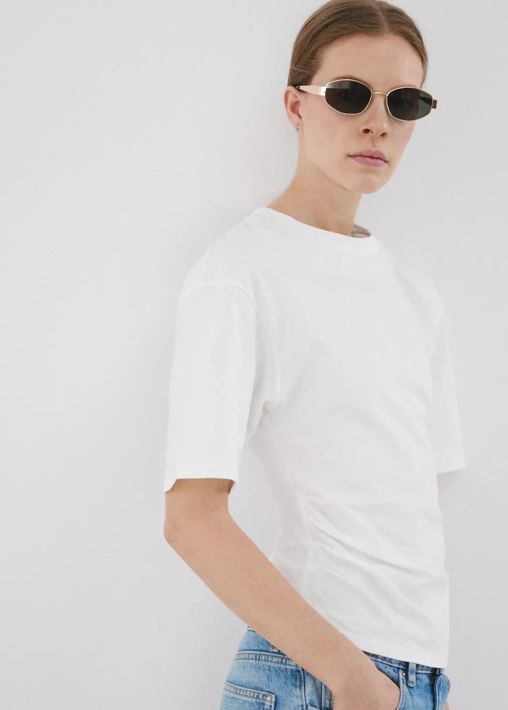 White Cotton T-Shirt With Pucker Detail, White, large image number 3