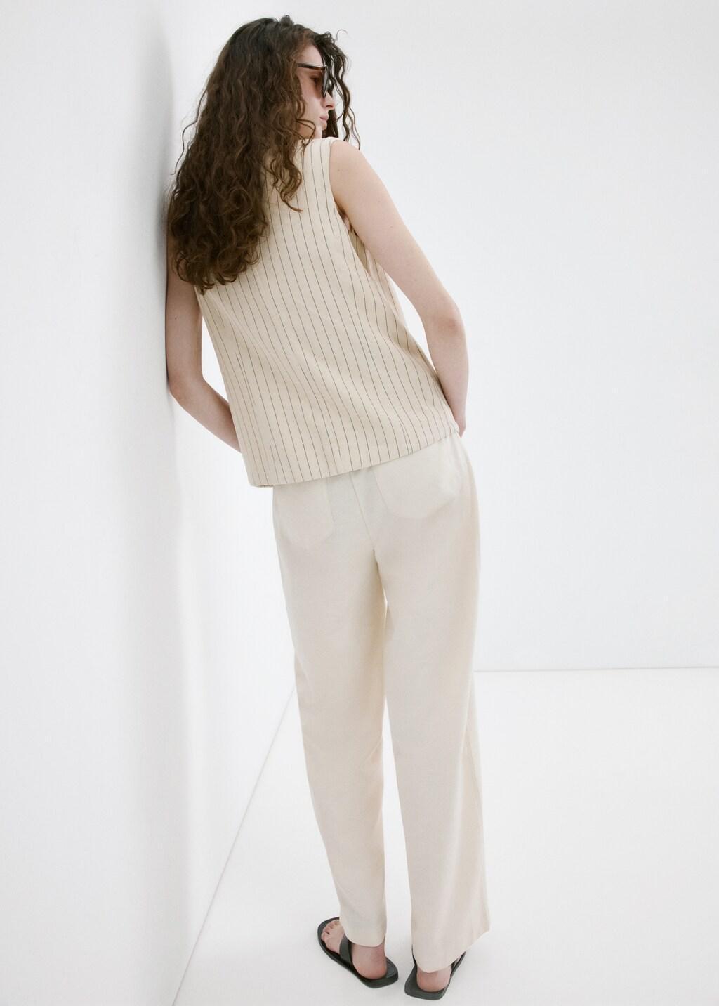 Beige Linen High-Waist Trousers, 0201_08, large image number 2