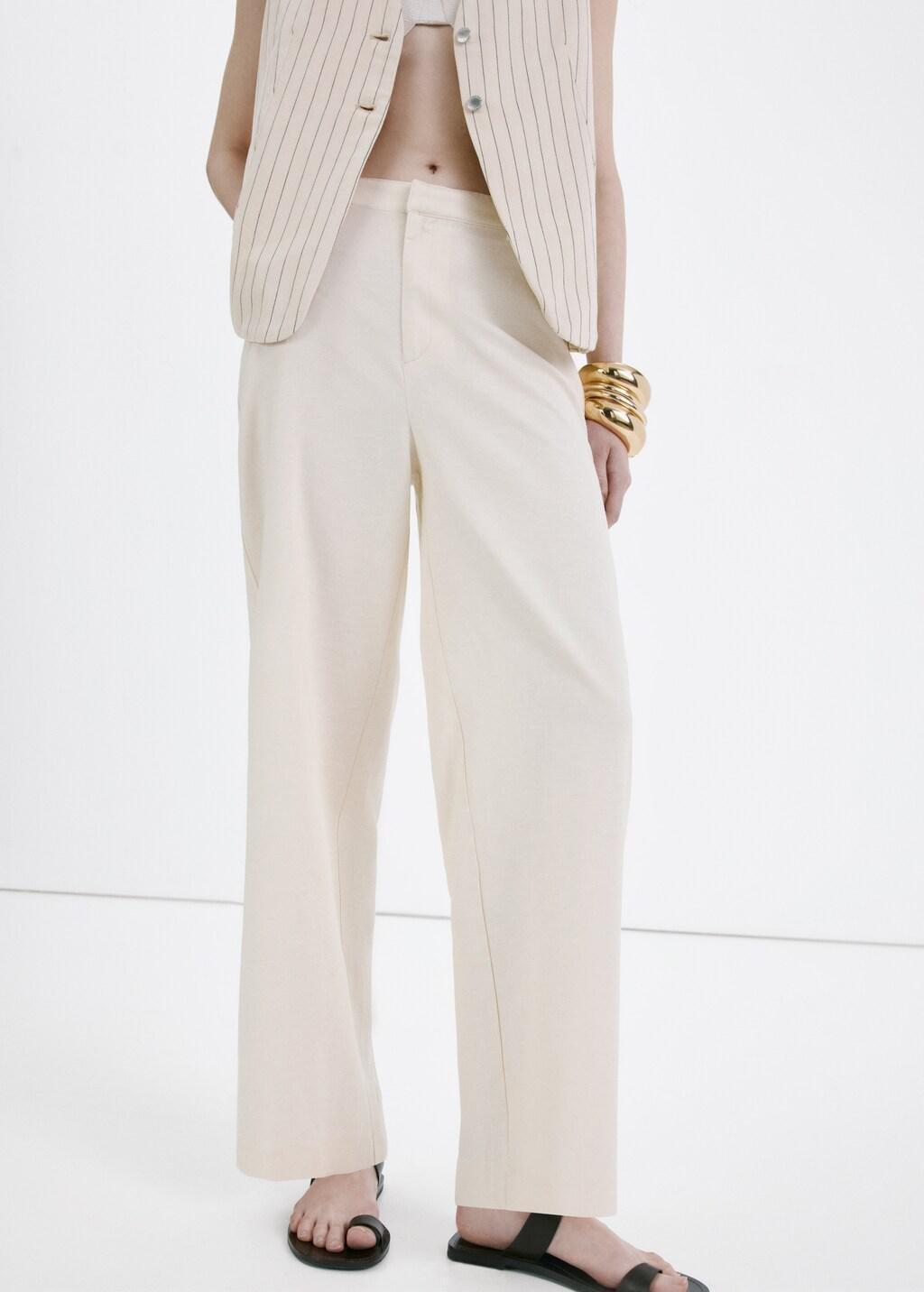 Beige Linen High-Waist Trousers, 0201_08, large image number 3