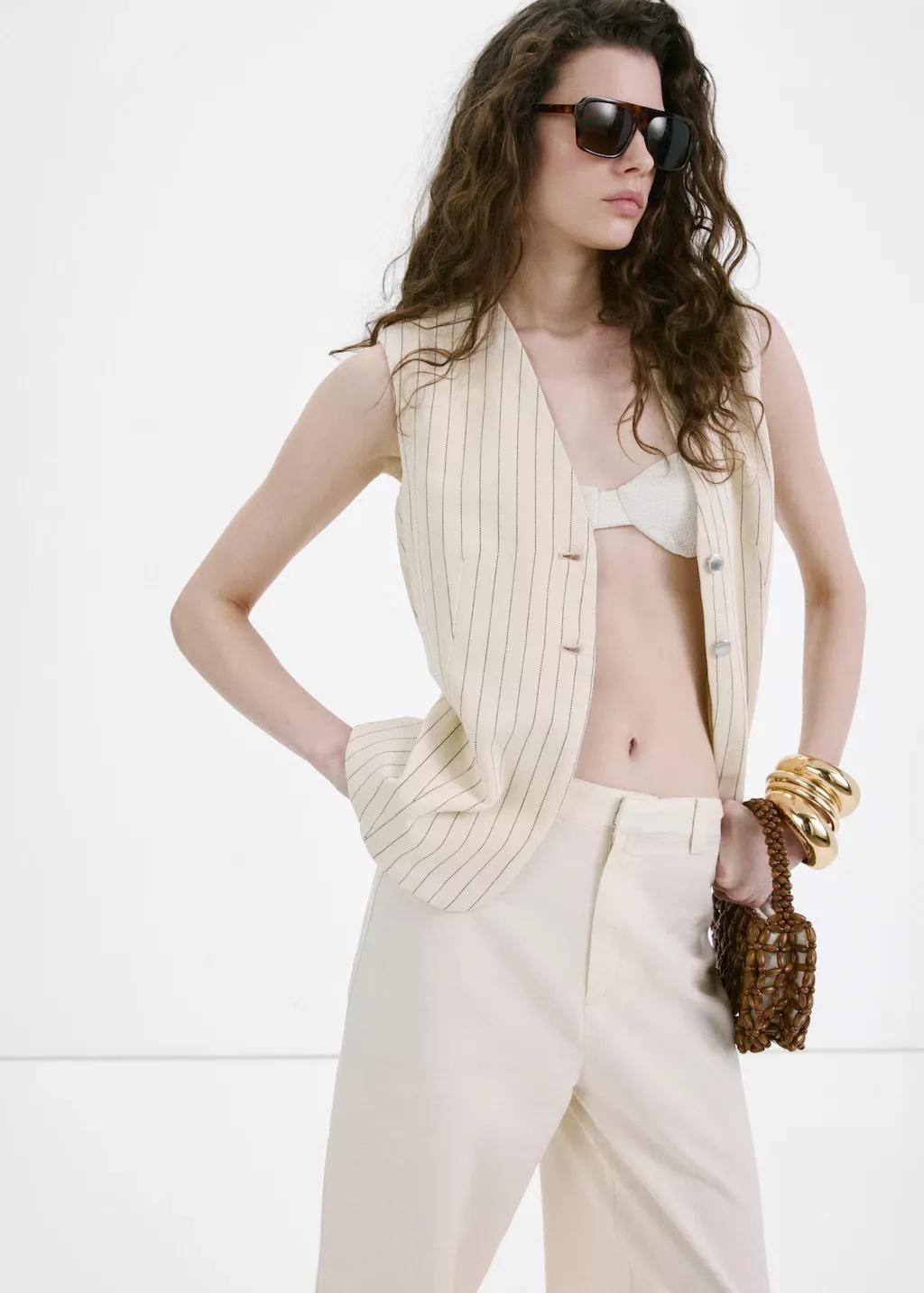 Beige Linen High-Waist Trousers, 0201_08, large image number 4