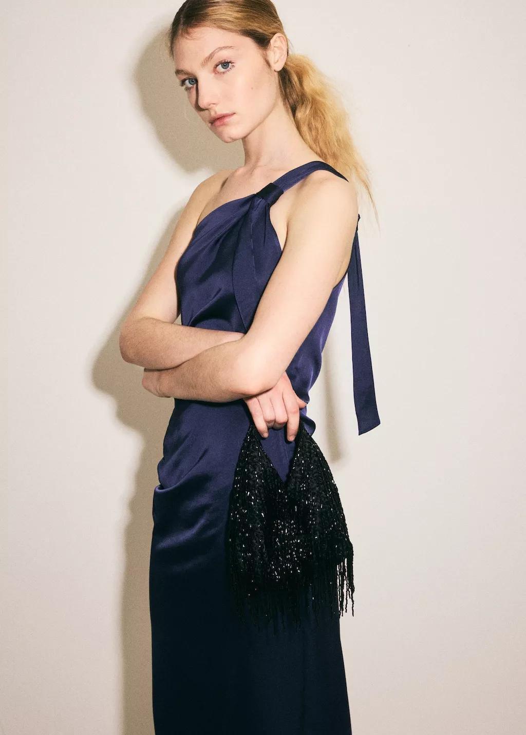 Blue Asymmetric Side Ruched Dress, Dark Blue, large image number 4