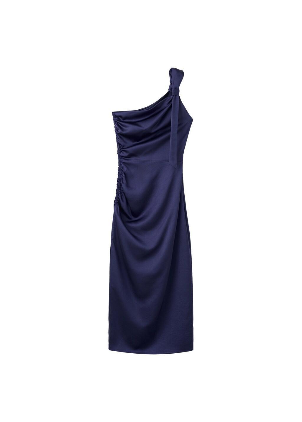 Blue Asymmetric Side Ruched Dress, Dark Blue, large image number 6