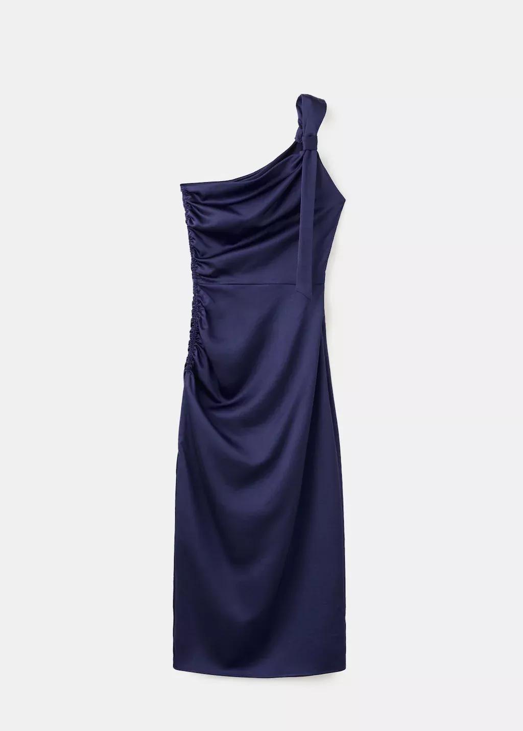 Blue Asymmetric Side Ruched Dress, Dark Blue, large image number 7