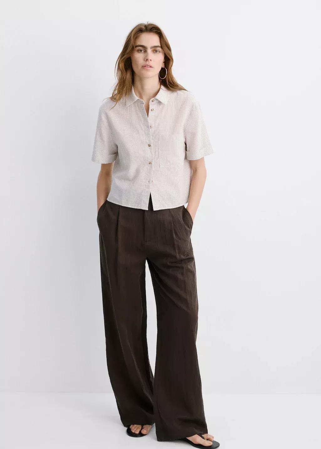 Beige Short Sleeve Striped Shirt, 0201_07, large image number 0