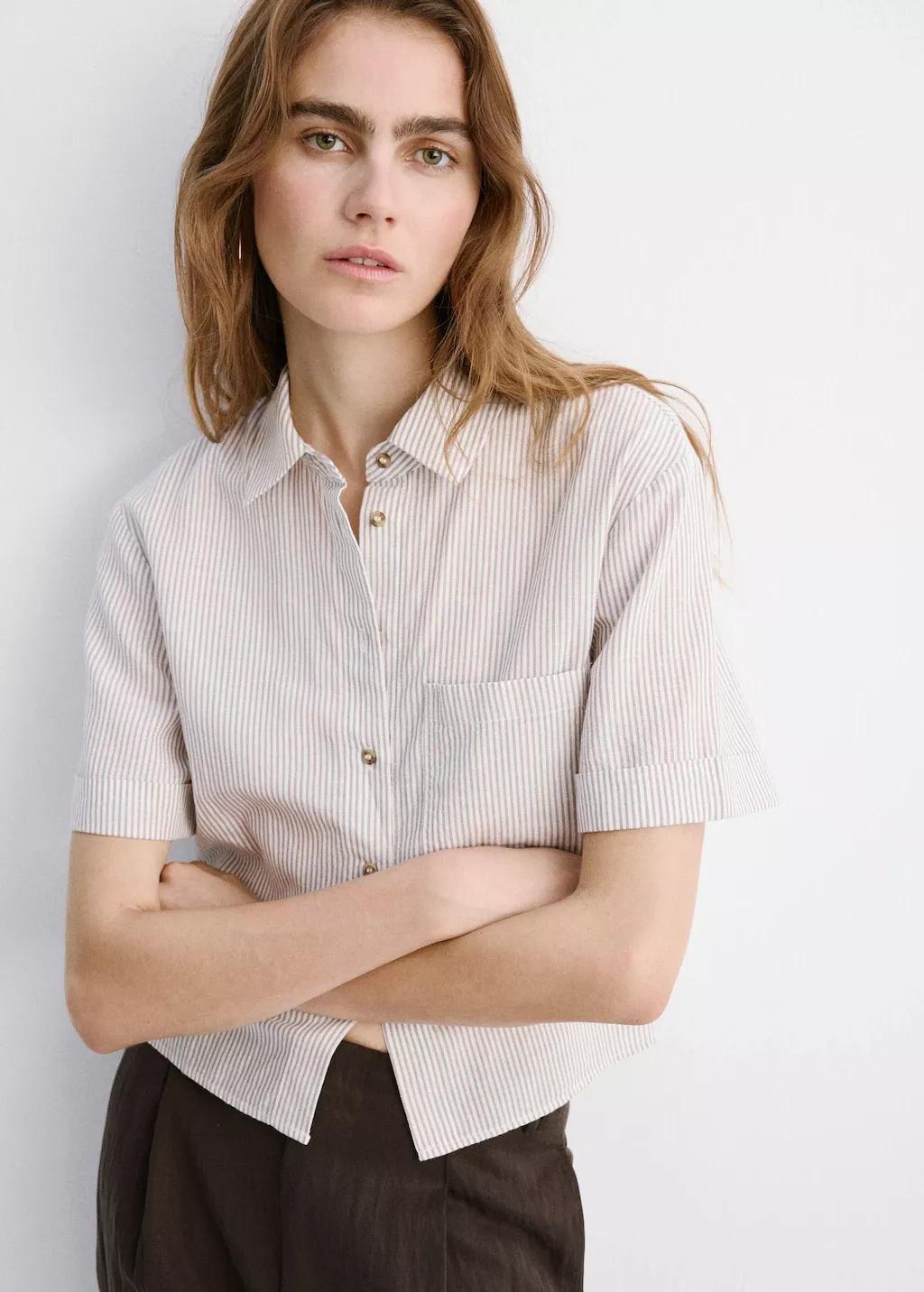 Beige Short Sleeve Striped Shirt, 0201_07, large image number 3