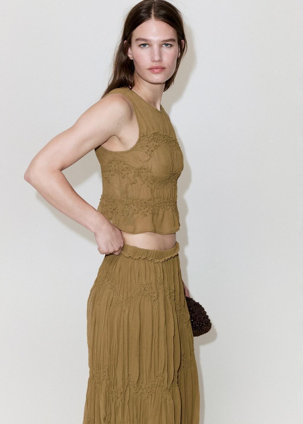 Brown Gathered Skirt With Bead Embellishment, Brown, large image number 4