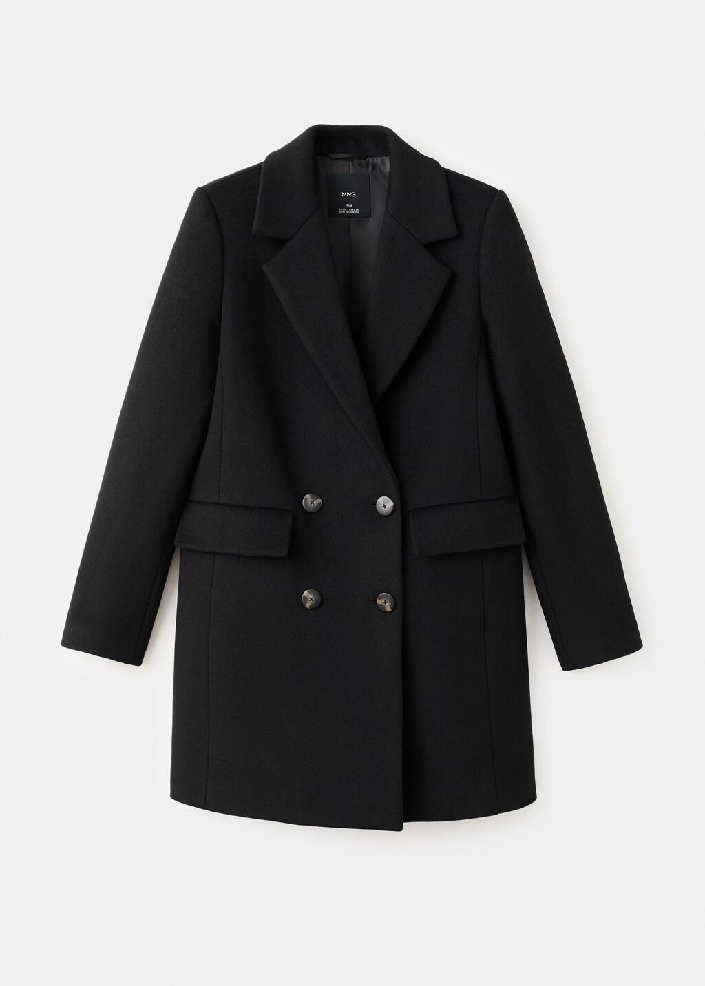 Black Double-Breasted Wool Blend Coat, Black, large image number 0