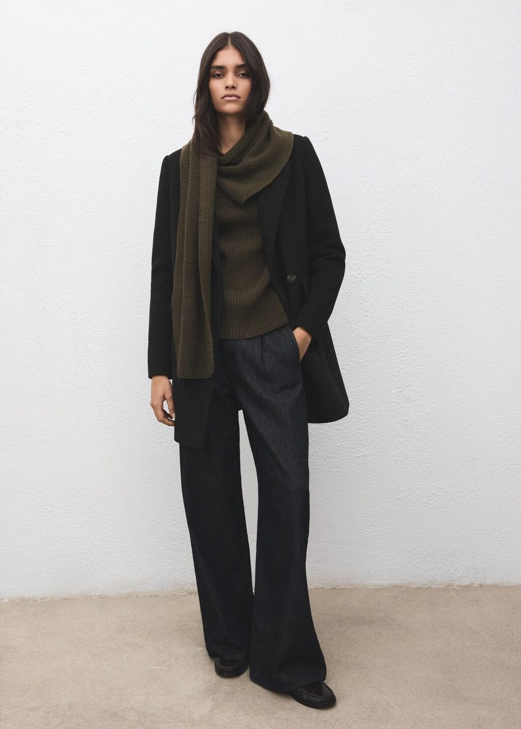 Black Double-Breasted Wool Blend Coat, Black, large image number 1